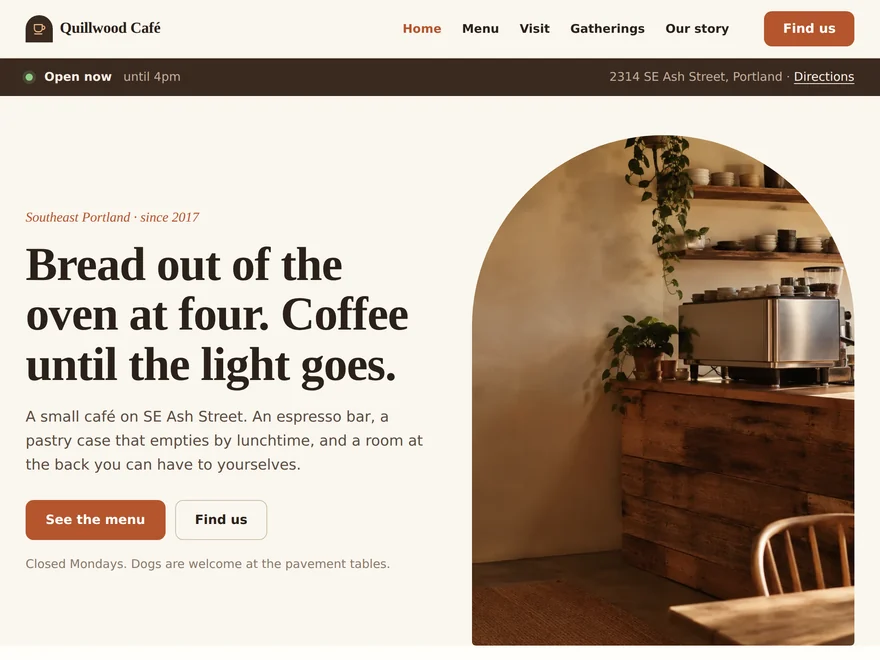 Home page of the Quillwood Café demo website
