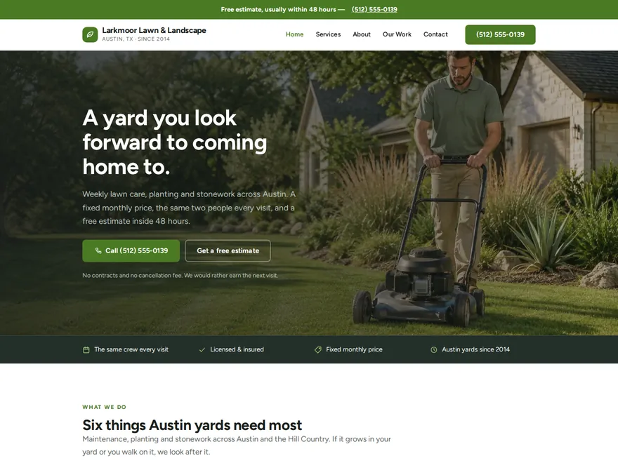 Home page of the Larkmoor Lawn & Landscape demo website