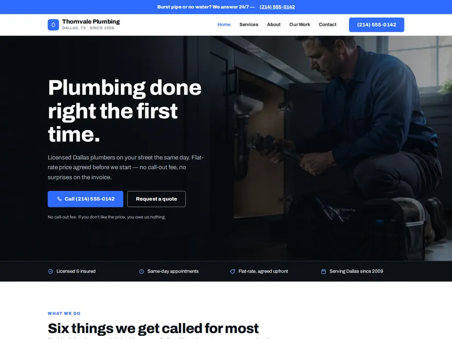 Home page of the Thornvale Plumbing demo website