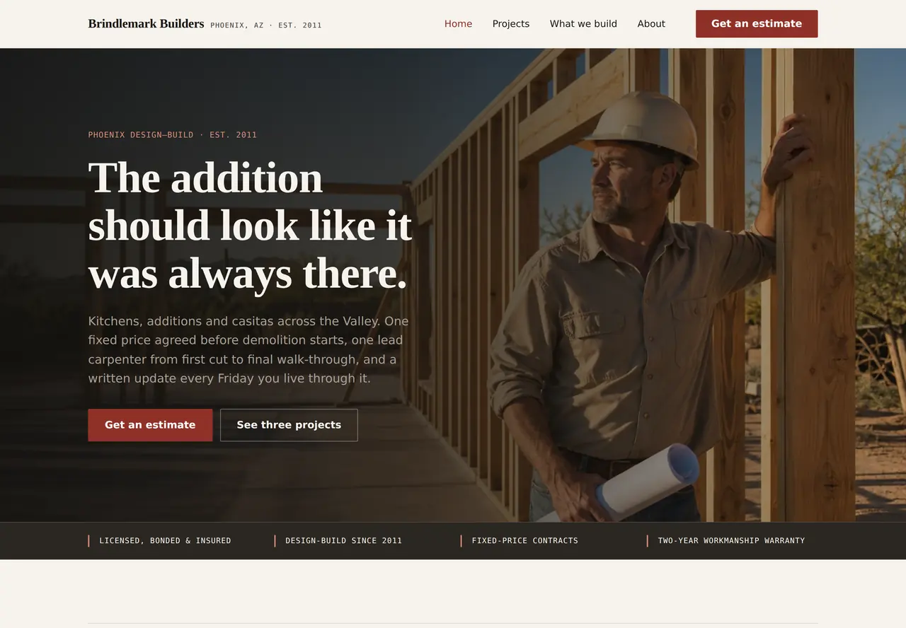 Brindlemark Builders, a finished website built by TrueBuilt