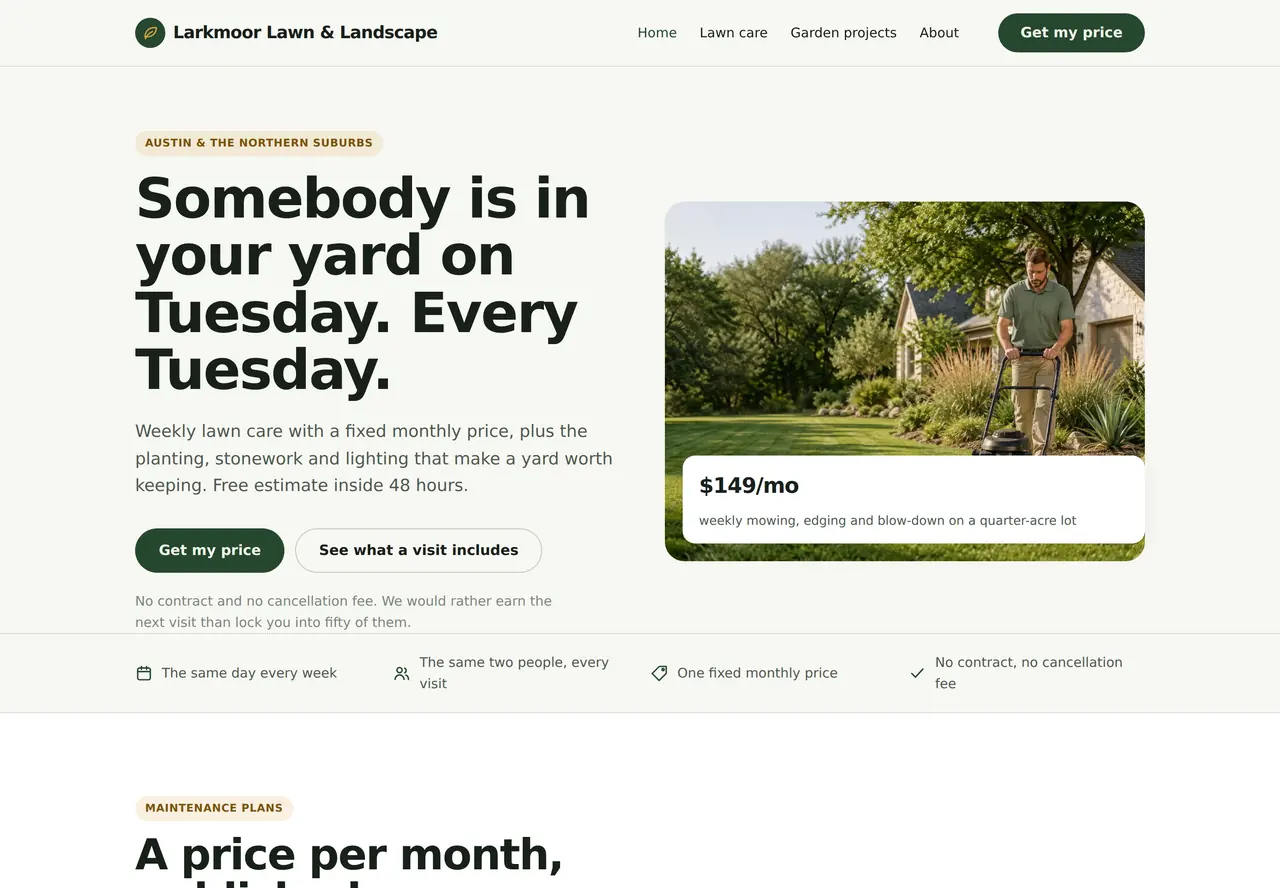 Larkmoor Lawn & Landscape, a finished website built by TrueBuilt