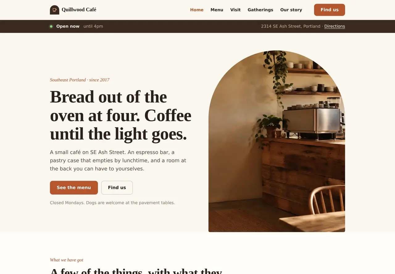 Quillwood Café, a finished website built by TrueBuilt