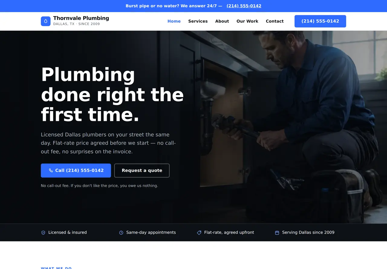 Thornvale Plumbing, a finished website built by TrueBuilt