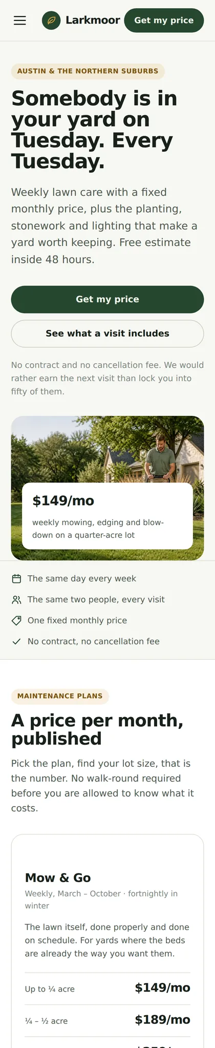 A finished Larkmoor Lawn & Landscape website open on a phone