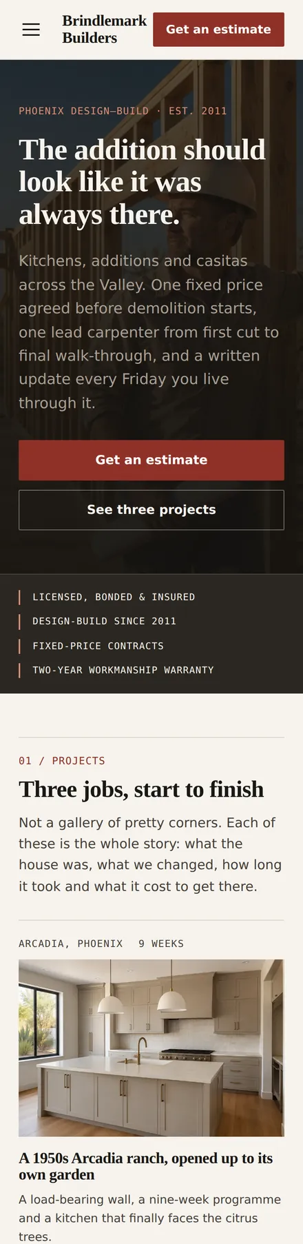 Brindlemark Builders, a finished website shown on a phone